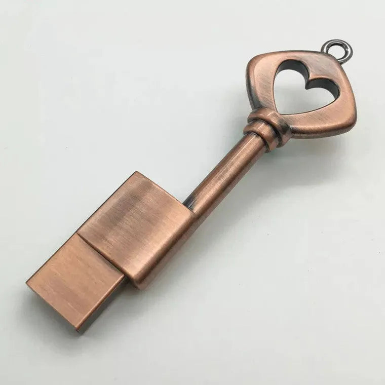 Heart shaped bronze metal USB flash drive pendant with write protection switch on keychain