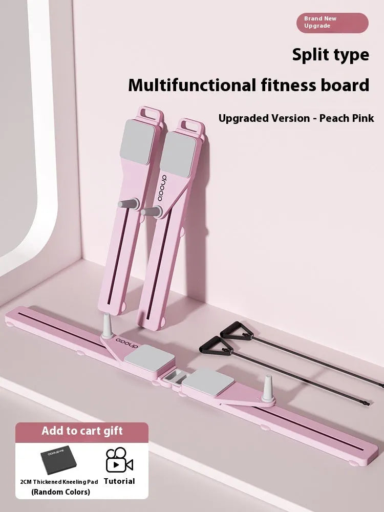 Purple and pink split multifunctional skiing machine trainer and supine board on a grey floor.