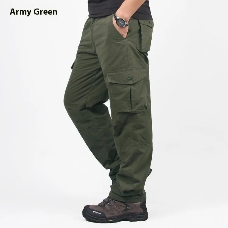 Men's thickened velvet overalls with wool lining in khaki colour, showing loose fit and straight leg style.