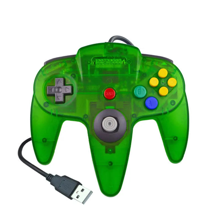 Blue USB N64 game controller for PC computers on a grey background.
