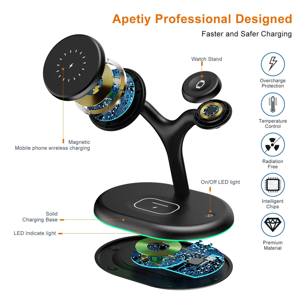 Black magnetic wireless charging station with three-in-one design for multiple devices