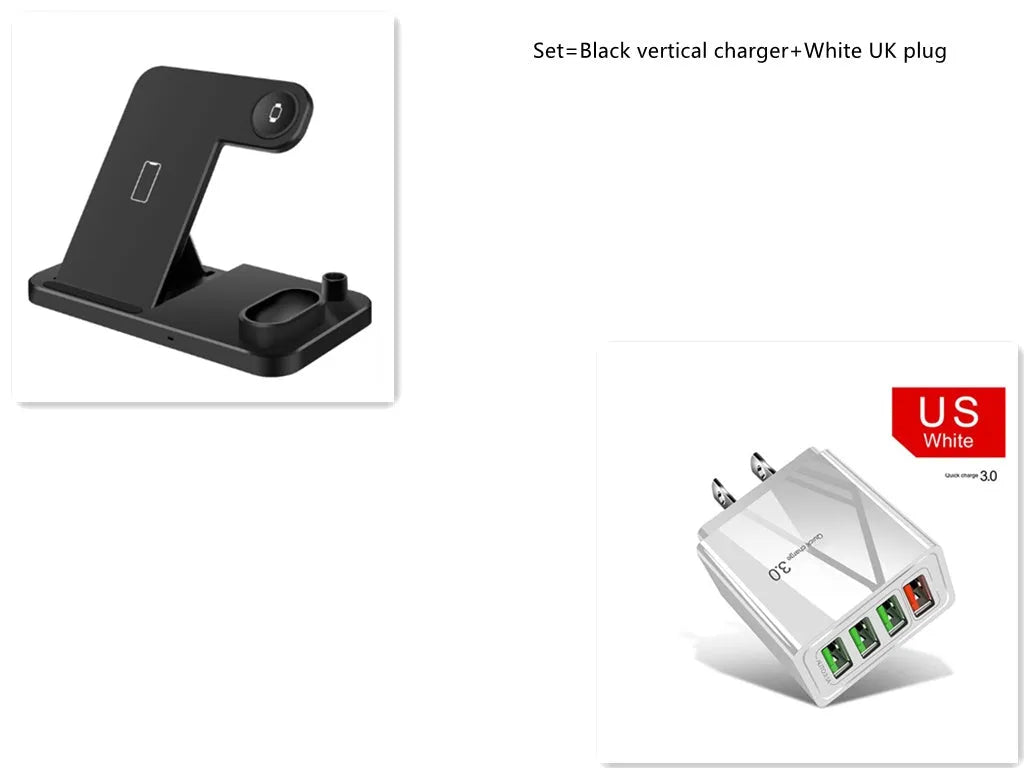 4-in-1 wireless charging station showing iPhone, Apple Watch, AirPods and Apple Pencil charging simultaneously on adjustable stand