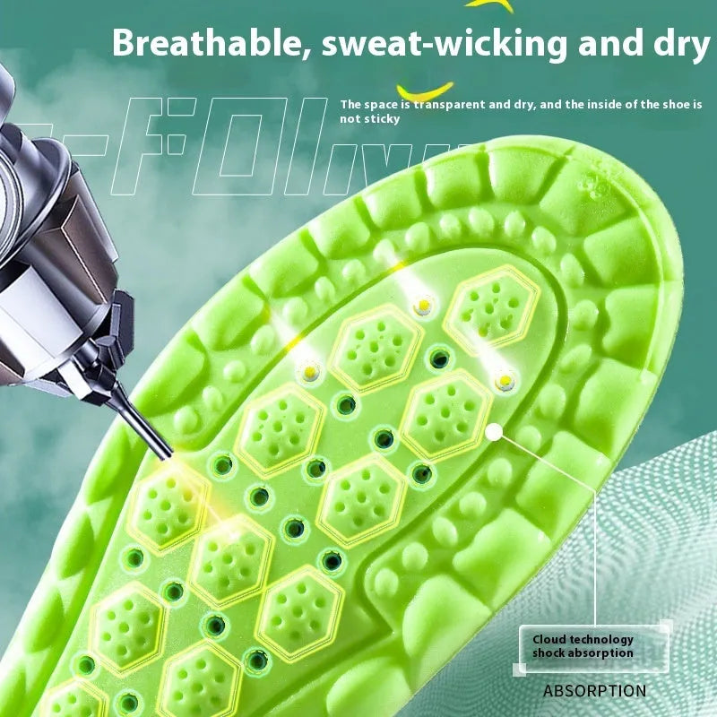 Green PU air cushion sports insoles with argy wormwood, shown with size markers.