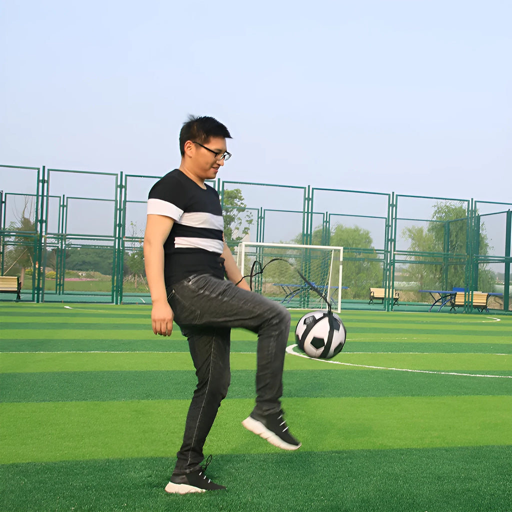 Black football juggling belt with a 2 metre training cable made from diving suit fabric.