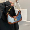 Brown denim women's shoulder bag with chain strap and diamond mesh detail