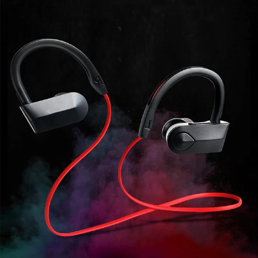 Black neck-mounted Bluetooth earphones with in-ear buds and USB charging cable