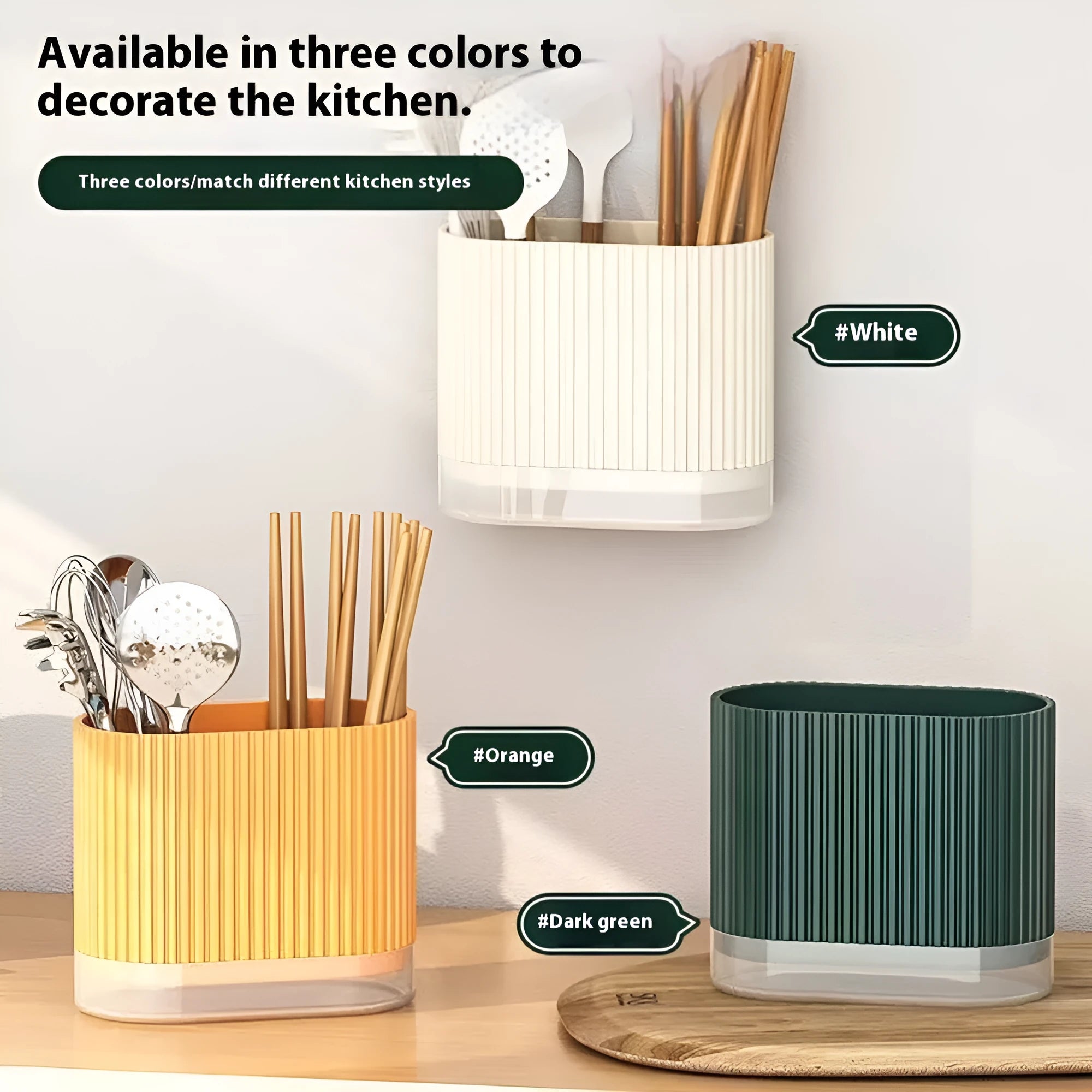 Modern plastic wall-mounted chopsticks and spoon holder in beige, dark green, or orange.