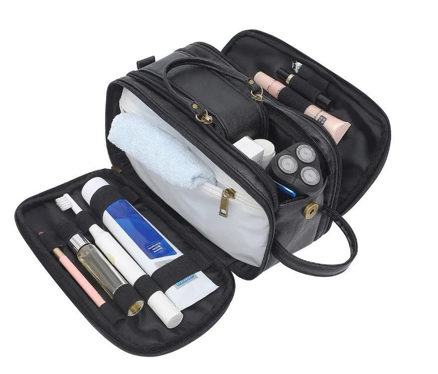 Men's black PU leather toiletry bag for travel cosmetic storage.