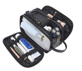 Men's black PU leather toiletry bag for travel cosmetic storage.