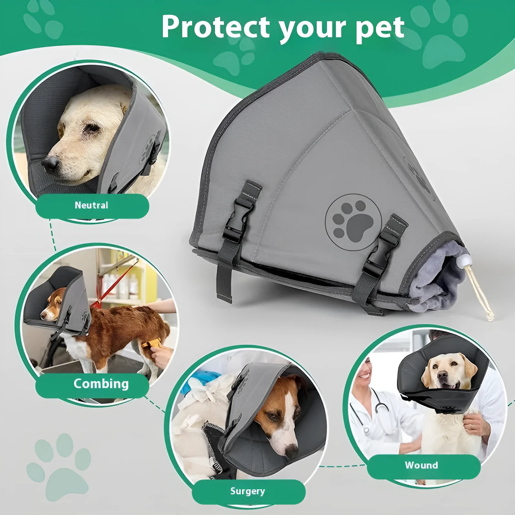 Adjustable polyester pet anti-bite collar ring in sizes L, M, XL for post-surgery recovery.