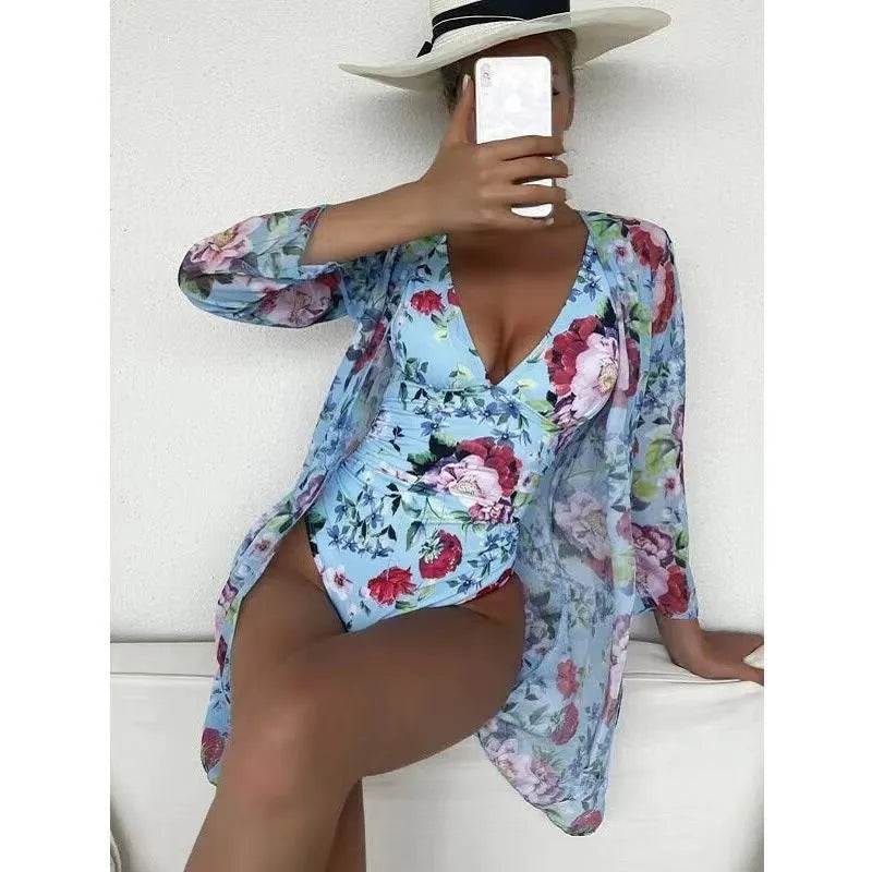 Women's floral bikini three-piece suit with matching coat in seven colour options