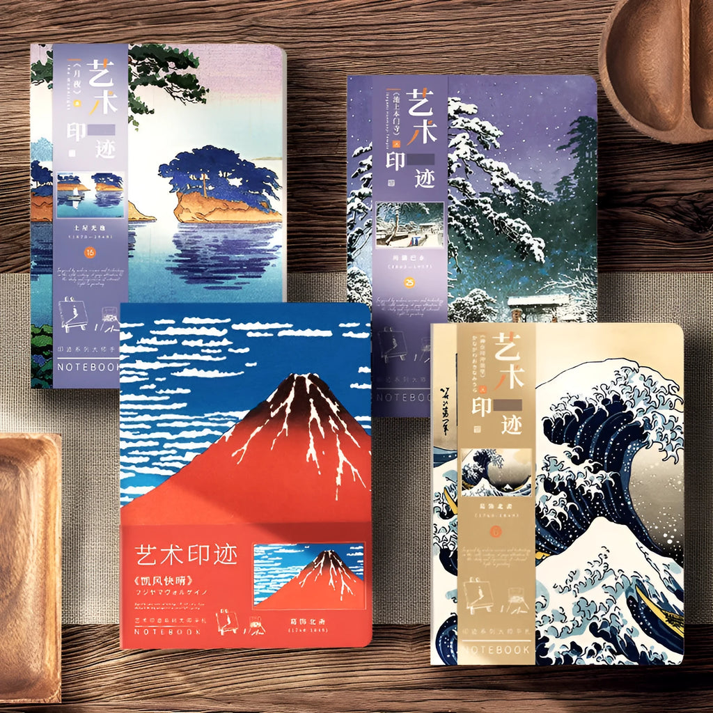 A5 retro hand ledger notebook with Ukiyo-e artwork cover, open on a desk showing Daolin paper pages.