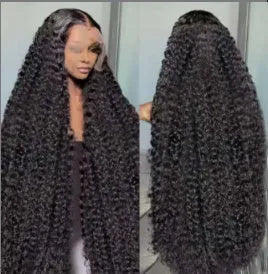 Black long curly lace wig with small roll wound tube afro style on a mannequin head.