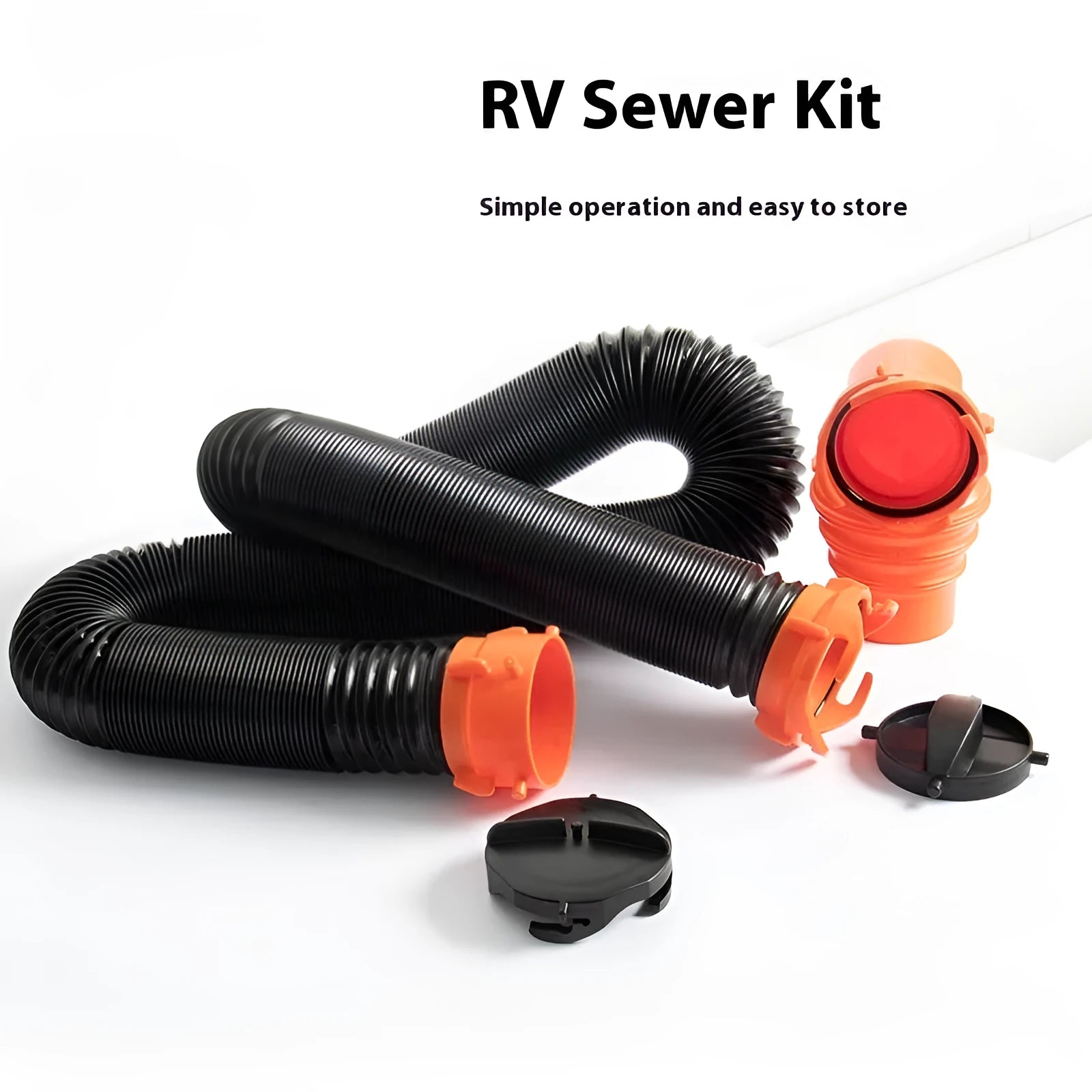 90-degree grey rotary elbow joint connector for a caravan sewage hose with extended polypropylene hose.