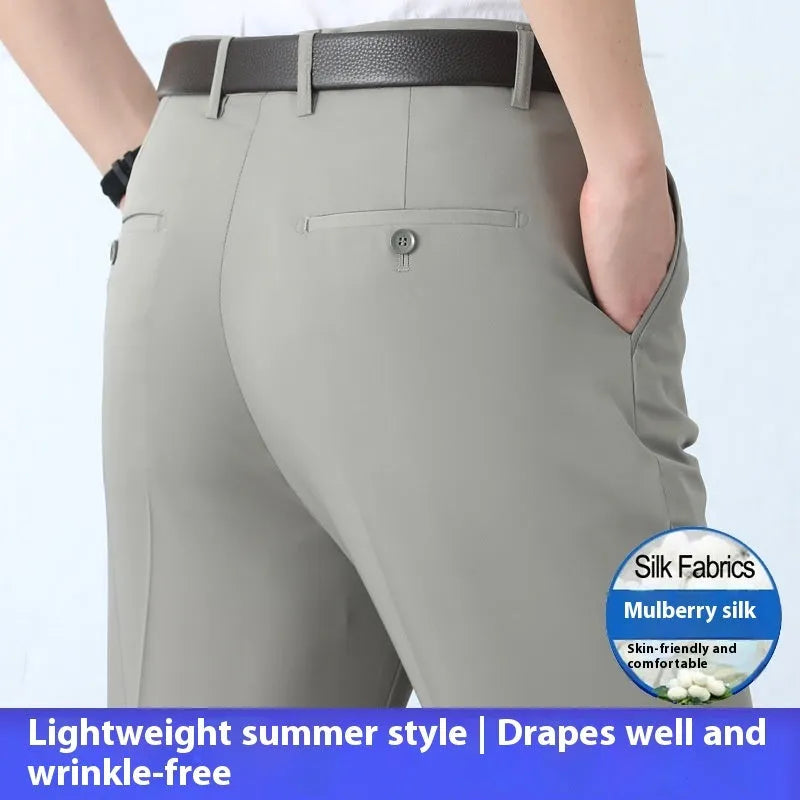 Men's straight-leg business trousers in mulberry silk blend fabric with high waist design
