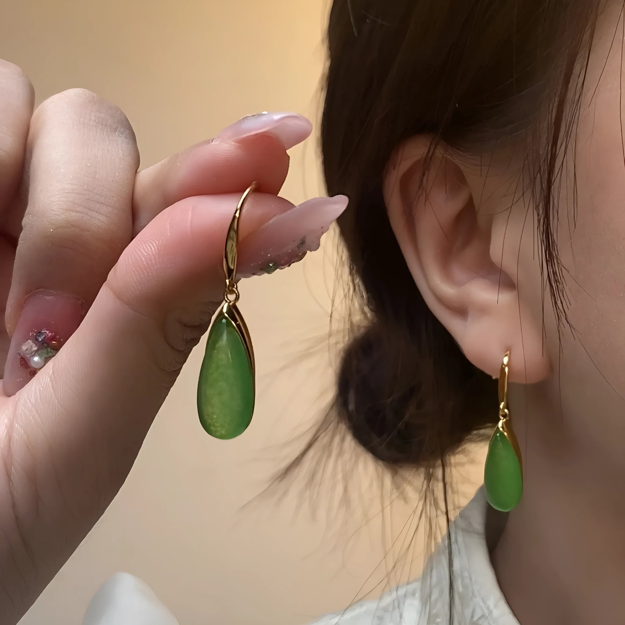 Retro Chinese style geometric earrings with jade colour finish and water droplet elements