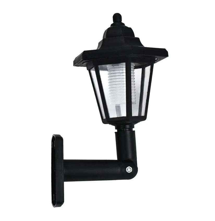 Black hexagonal solar-powered outdoor wall lamp with light sensor and IP44 waterproof rating