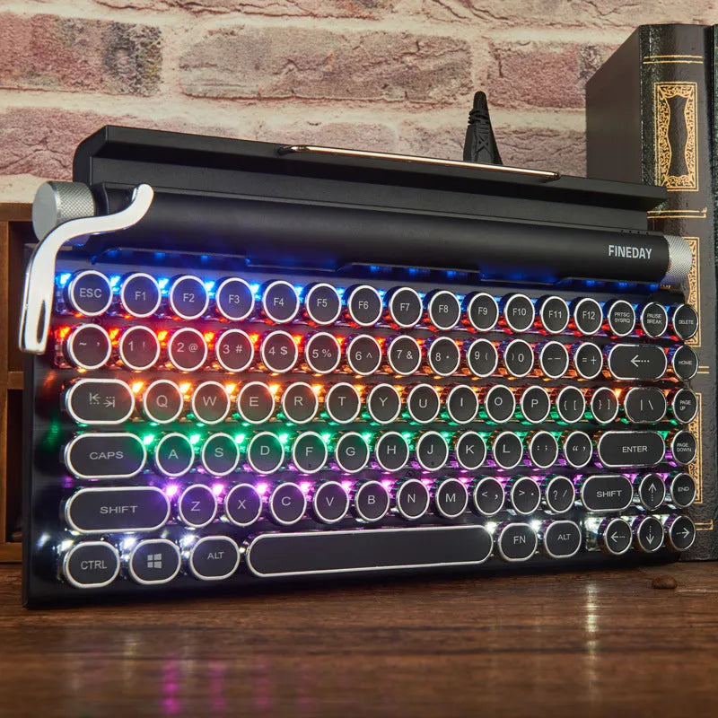Black retro-style Bluetooth mechanical keyboard with backlit keys on a desk