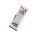 Set of six artist paint brushes with wood handles and synthetic nylon hair on a white background.