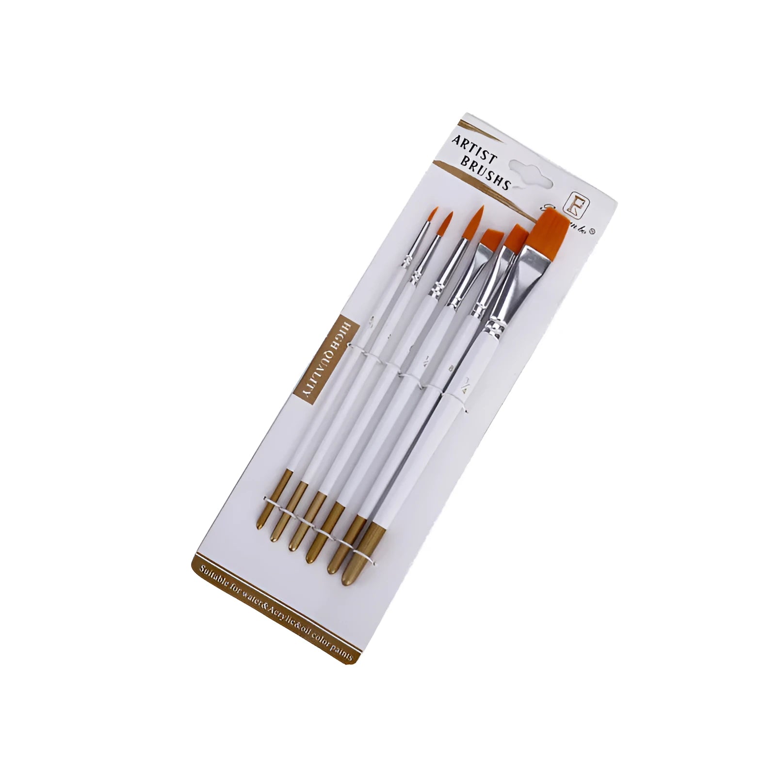 Set of six artist paint brushes with wood handles and synthetic nylon hair on a white background.