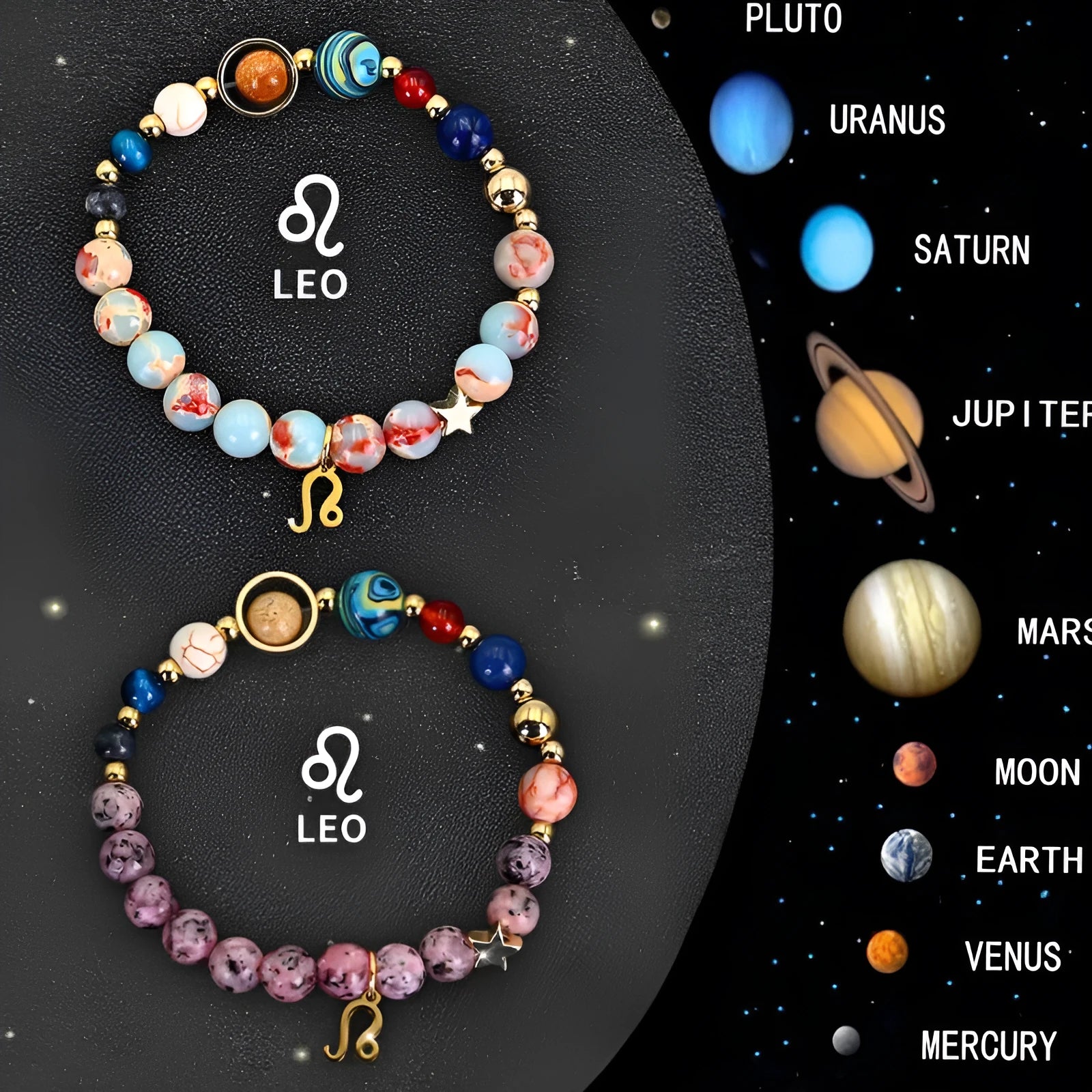 Twelve zodiac sign natural stone bead bracelets with astrology charms
