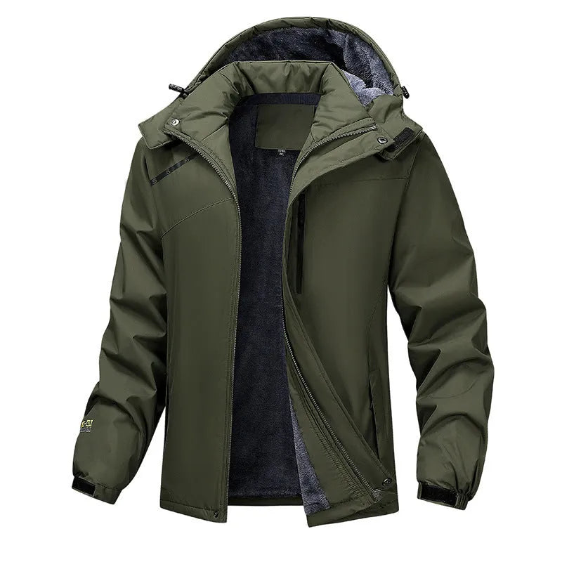 Plus size men's loose fit waterproof hooded coat in army green colour