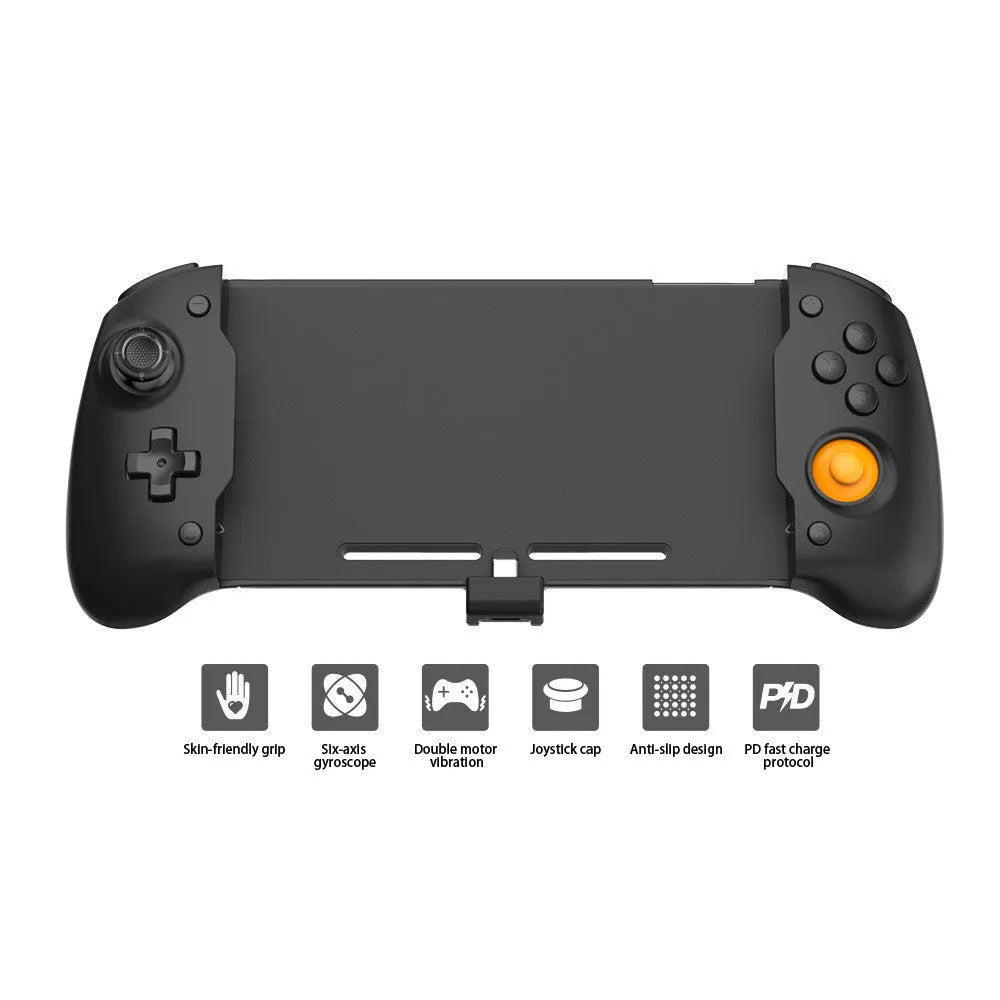 Black and white Nintendo Switch gamepad handle with console inserted, showing button layout and USB-C charging port