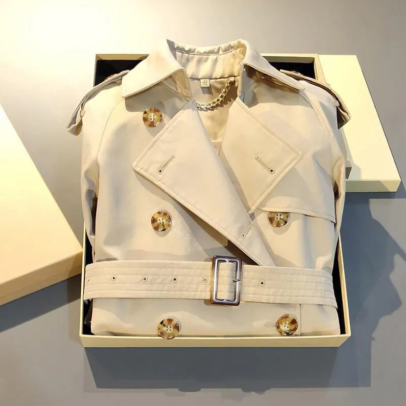 Khaki double-breasted trench coat for women with flight sleeves, shown on a hanger.