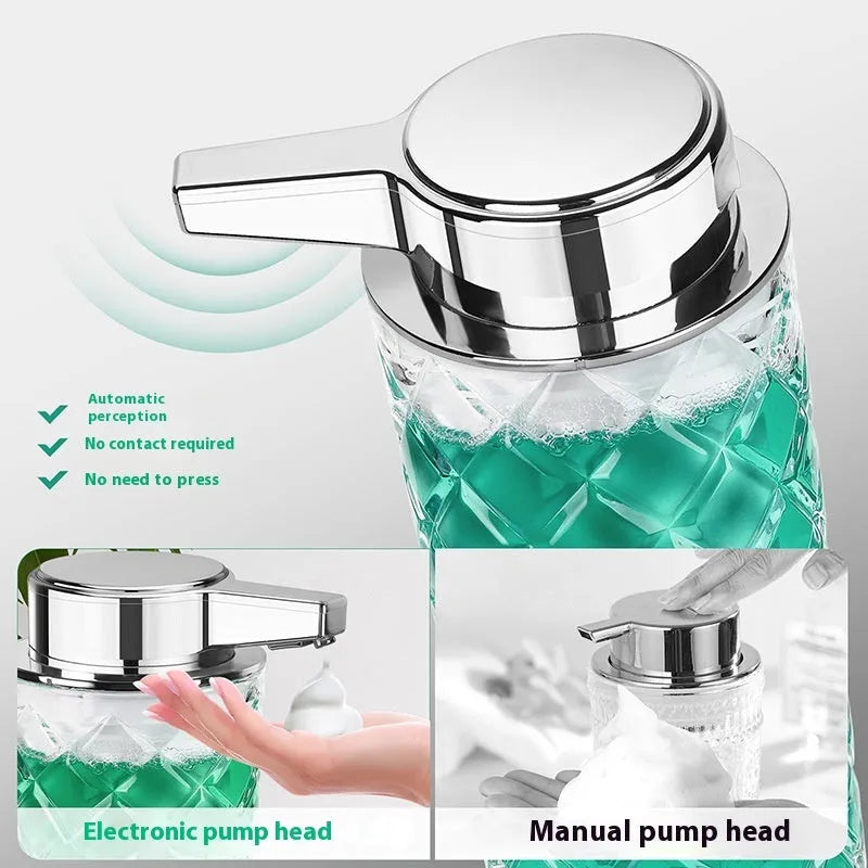 Automatic intelligent soap dispenser with silver-plated PET shell and Type-C charging port.