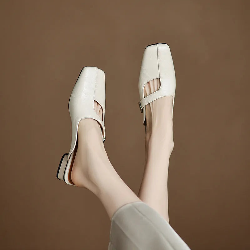 British style square toe slippers in black, beige or silver with low heel and casual design