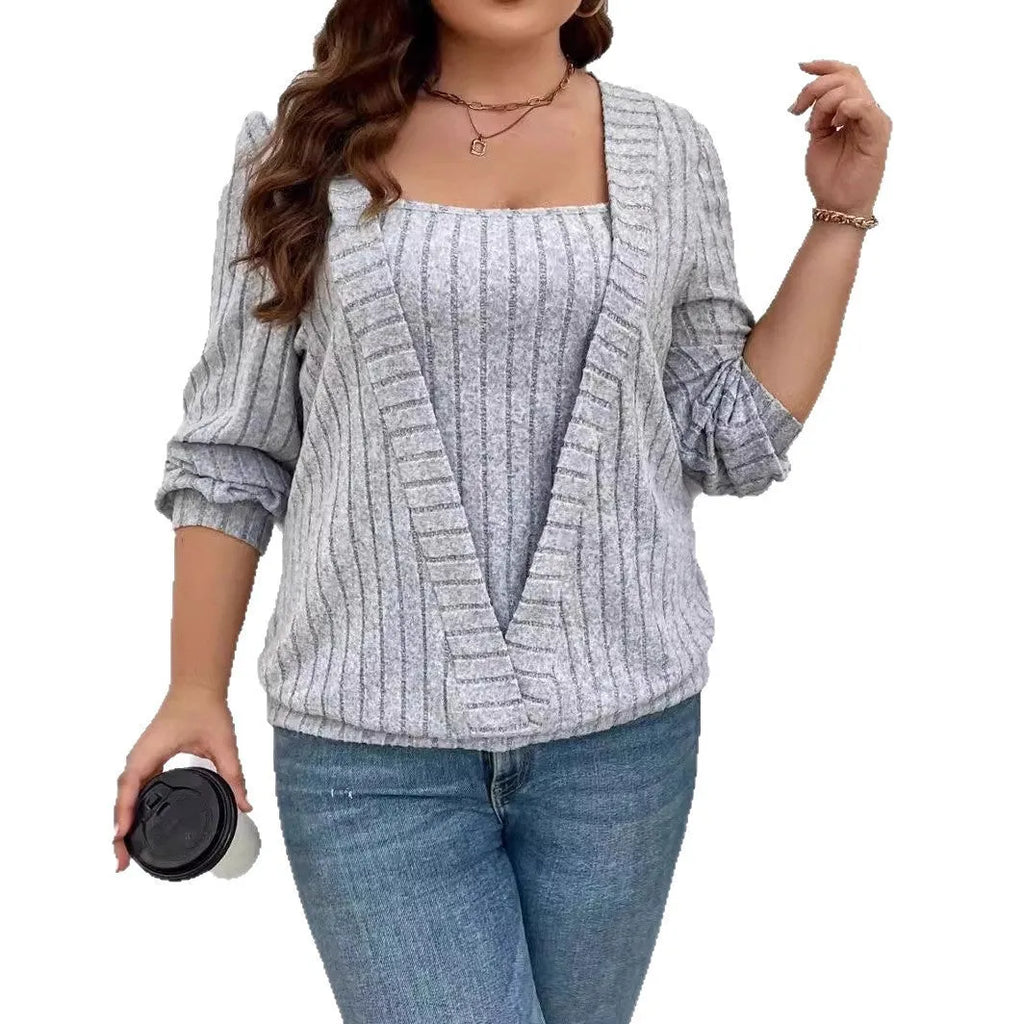 Solid colour rib fabric false two-piece suit with V-neck and long sleeves in black, grey and purple options
