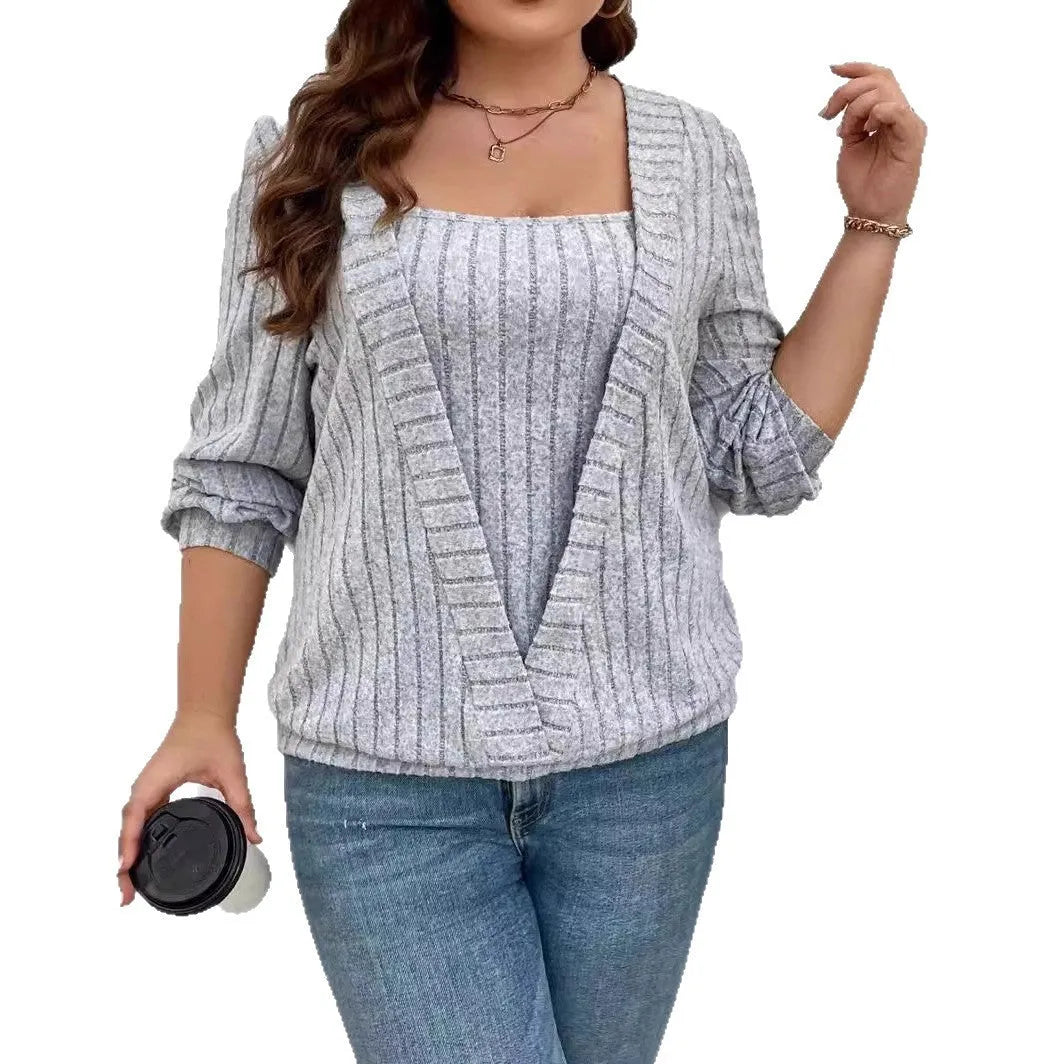 Solid colour rib fabric false two-piece suit with V-neck and long sleeves in black, grey and purple options