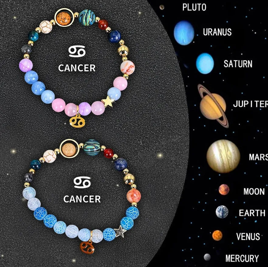 Set of two natural stone beaded bracelets for zodiac signs on adjustable elastic strings.