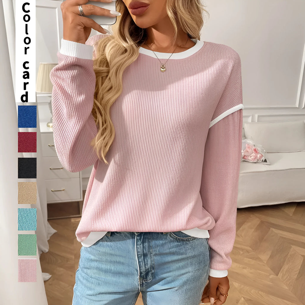 Women's loose round neck long sleeve polyester pullover top shown in one of seven available colours.
