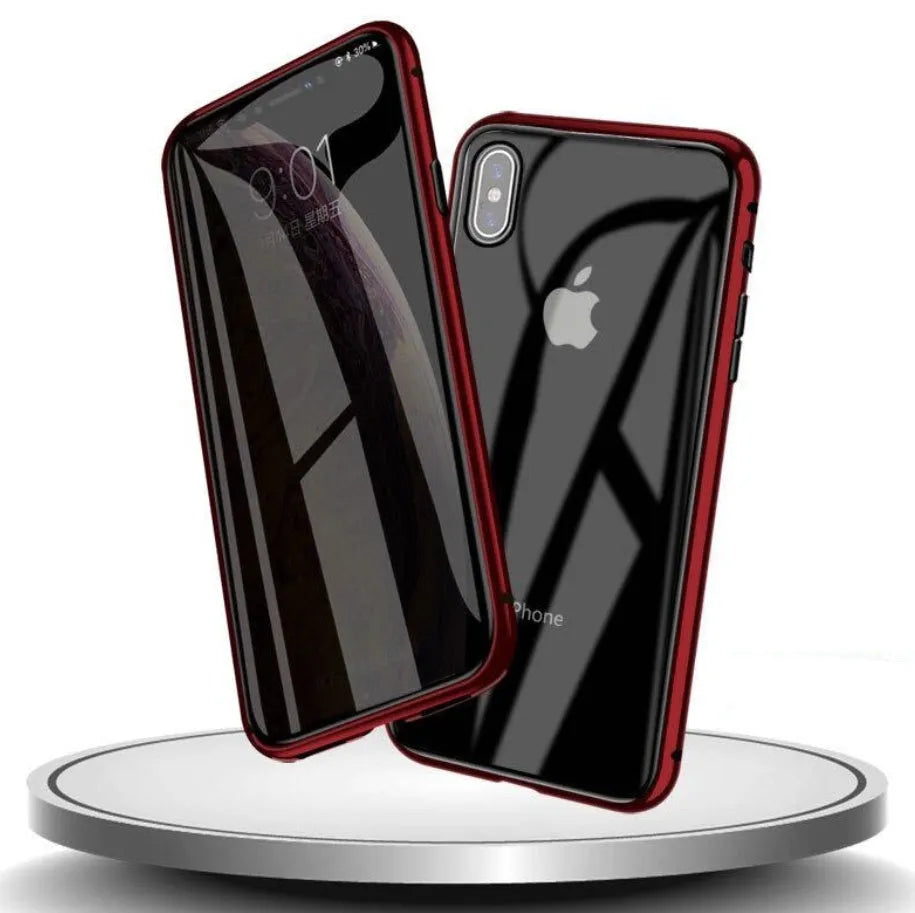 Clamshell anti-spy phone case in six colours showing tempered glass construction for iPhone privacy protection
