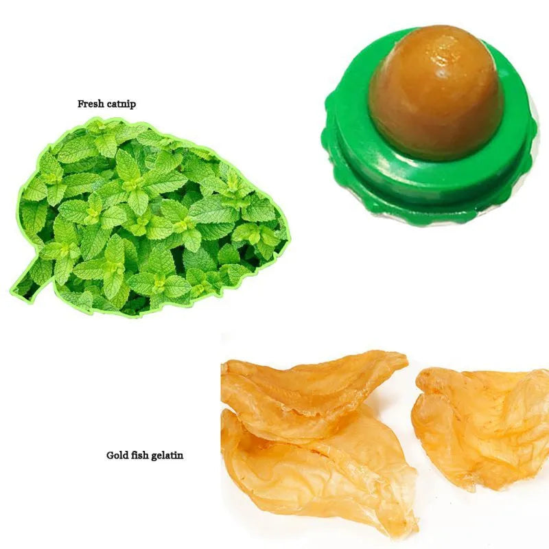 Green and blue cat energy ball lick toy with non-toxic catnip and yellowfish gelatin for indoor cats