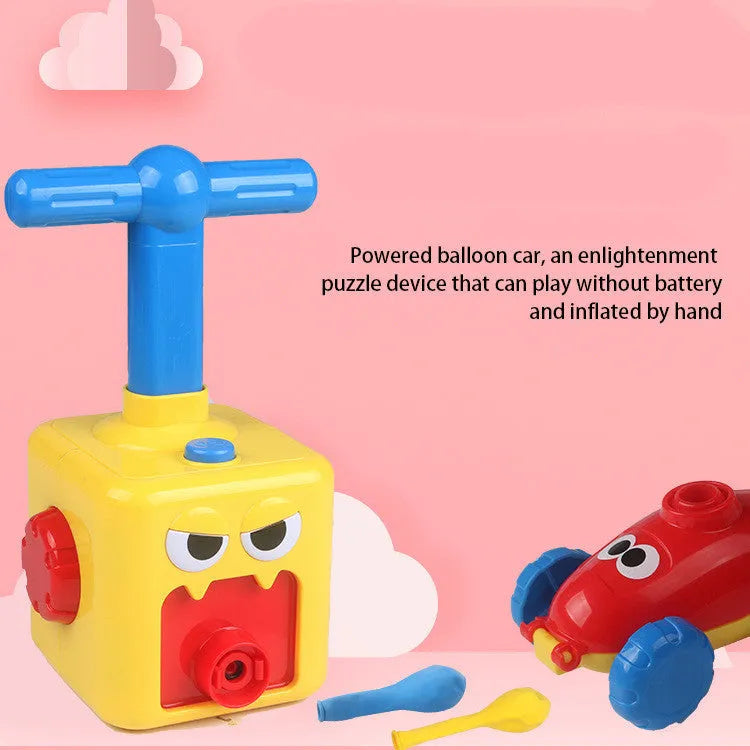 Balloon launch tower toy car with inflated balloon on a white surface