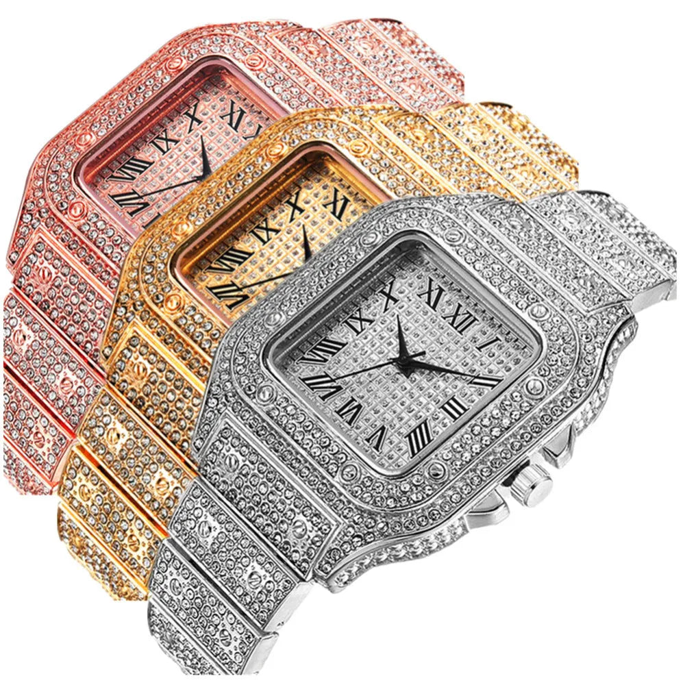 Roman numeral quartz watch with diamond-studded square dial and black mesh band, with matching bracelet and necklace