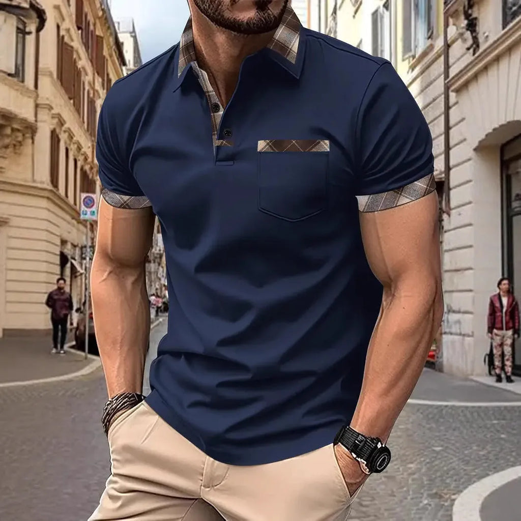 Men's plaid colourblock t-shirt with zipper detail in loose fit for summer wear
