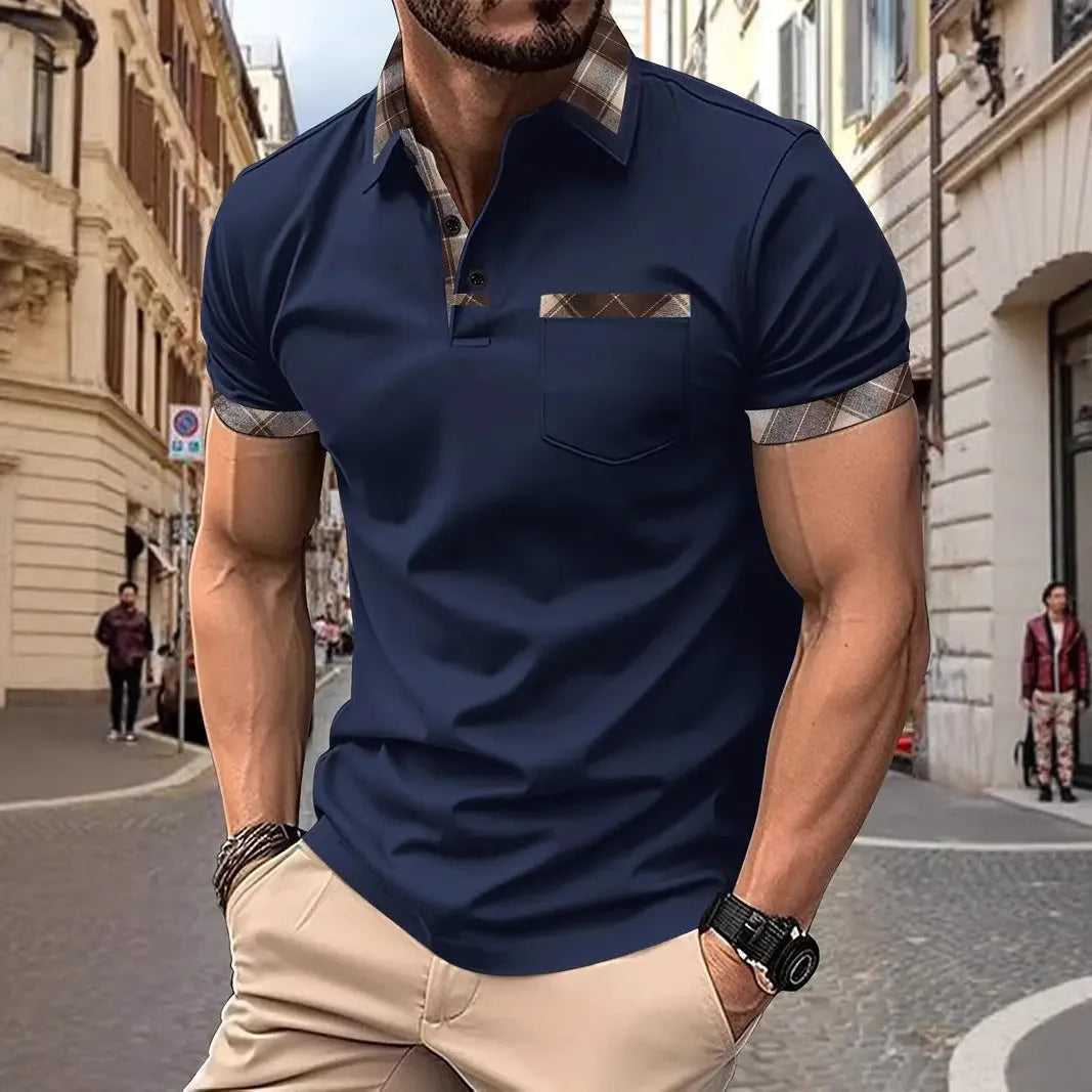 Men's plaid colourblock t-shirt with zipper detail in loose fit for summer wear
