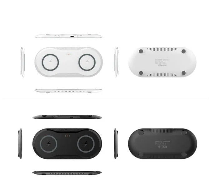 Black and white dual wireless charging pad showing two phones charging simultaneously