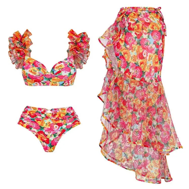 Women's floral push-up bikini set with high-waist briefs on a mannequin.