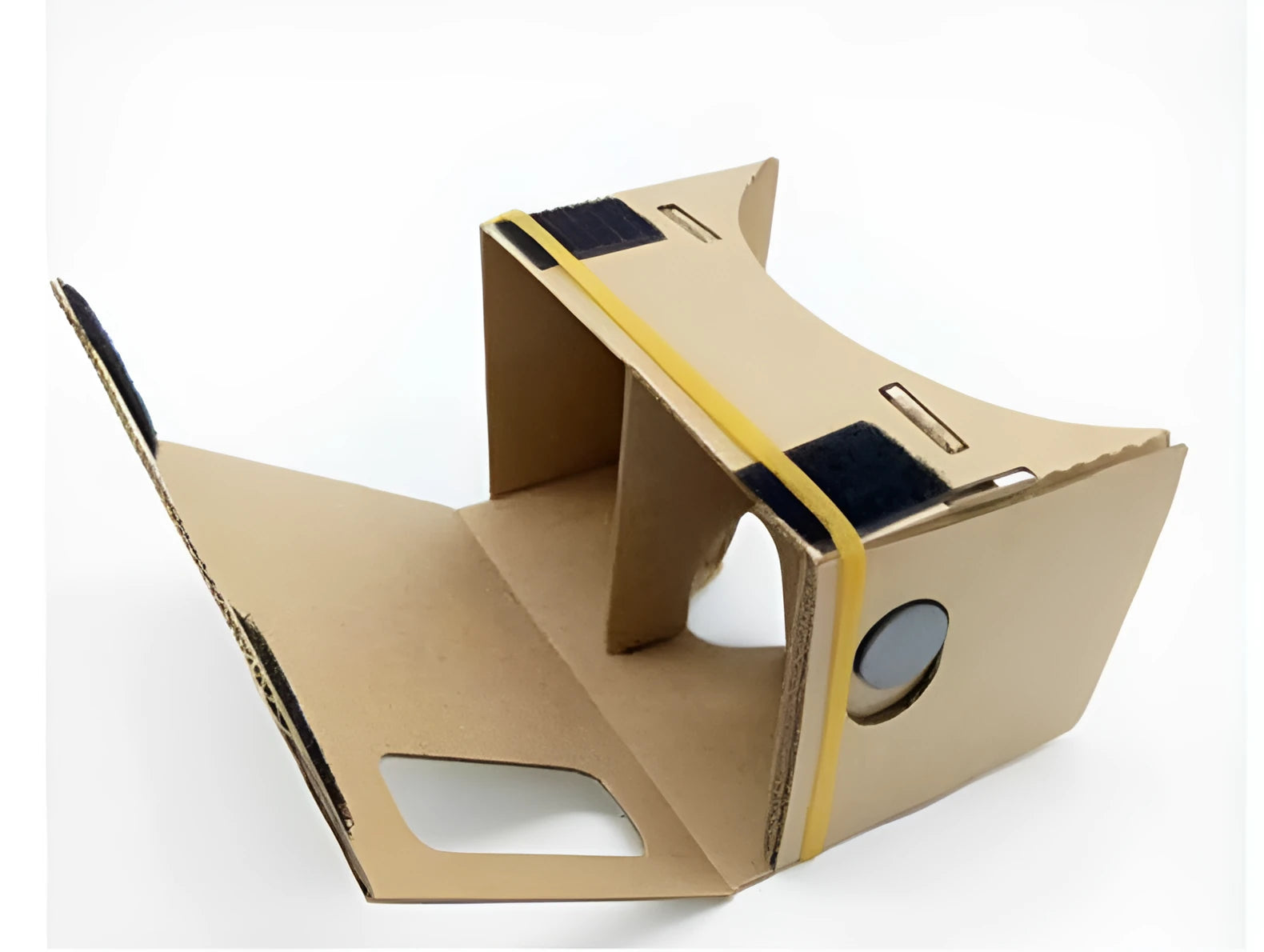Pink and white cardboard VR glasses headset for smartphones, showing lenses, head strap, and magnetic button.