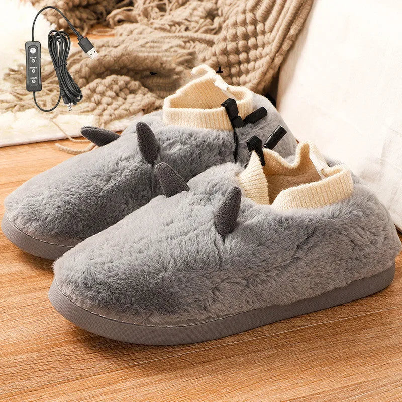 USB electric foot warmer slippers in black, grey, matcha green, and taro colours with soft velvet upper.