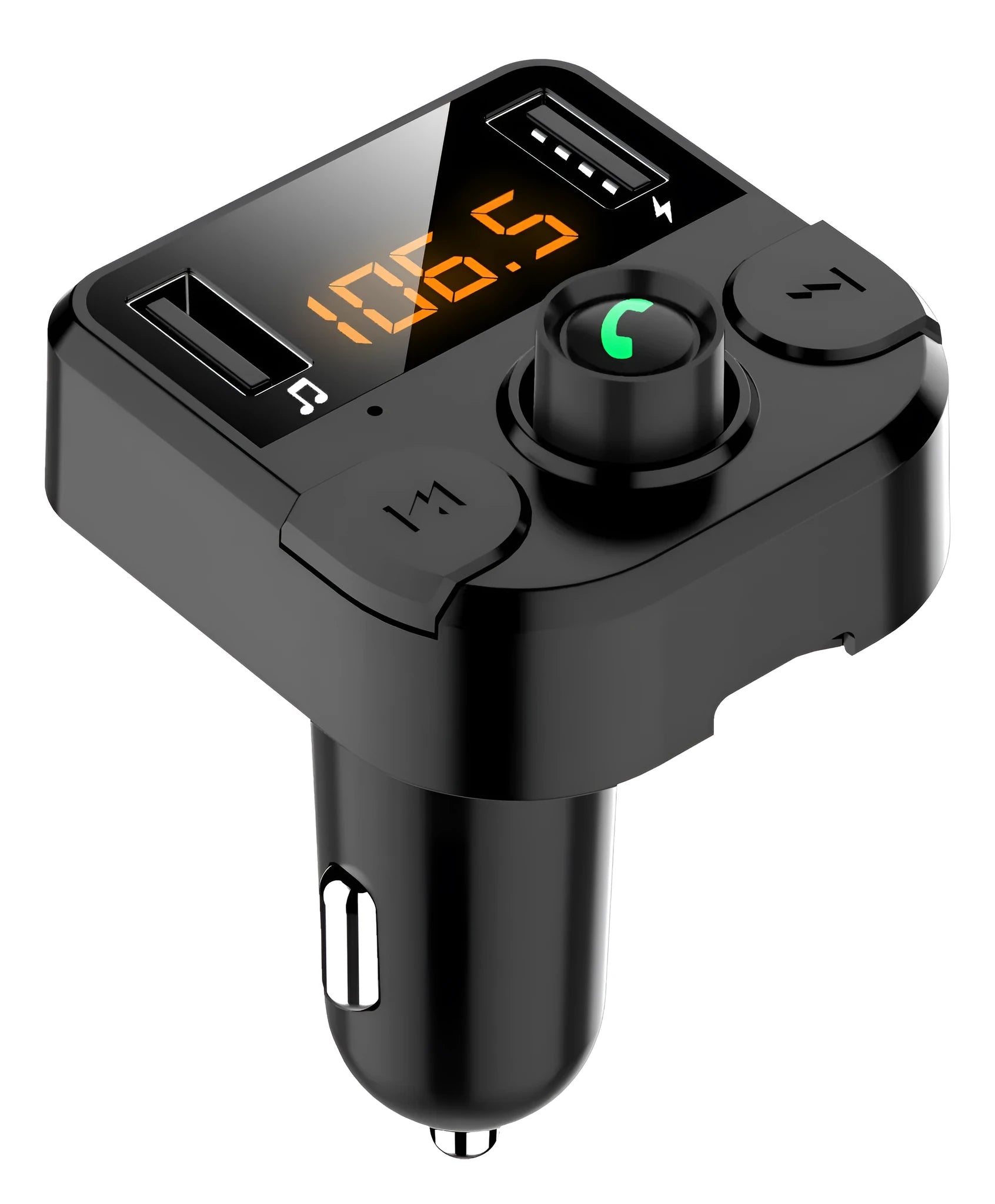 Black car Bluetooth FM transmitter plugged into vehicle cigarette lighter socket