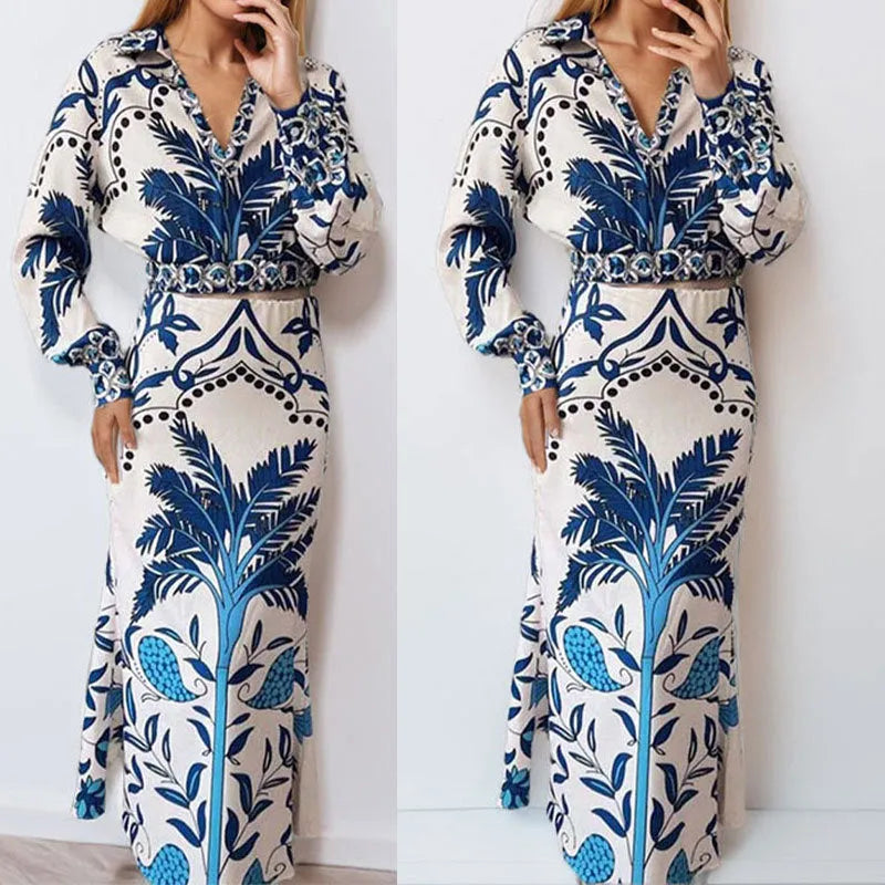 Women's early spring casual two-piece outfit in picture colour, featuring a long-sleeved top and matching long skirt.