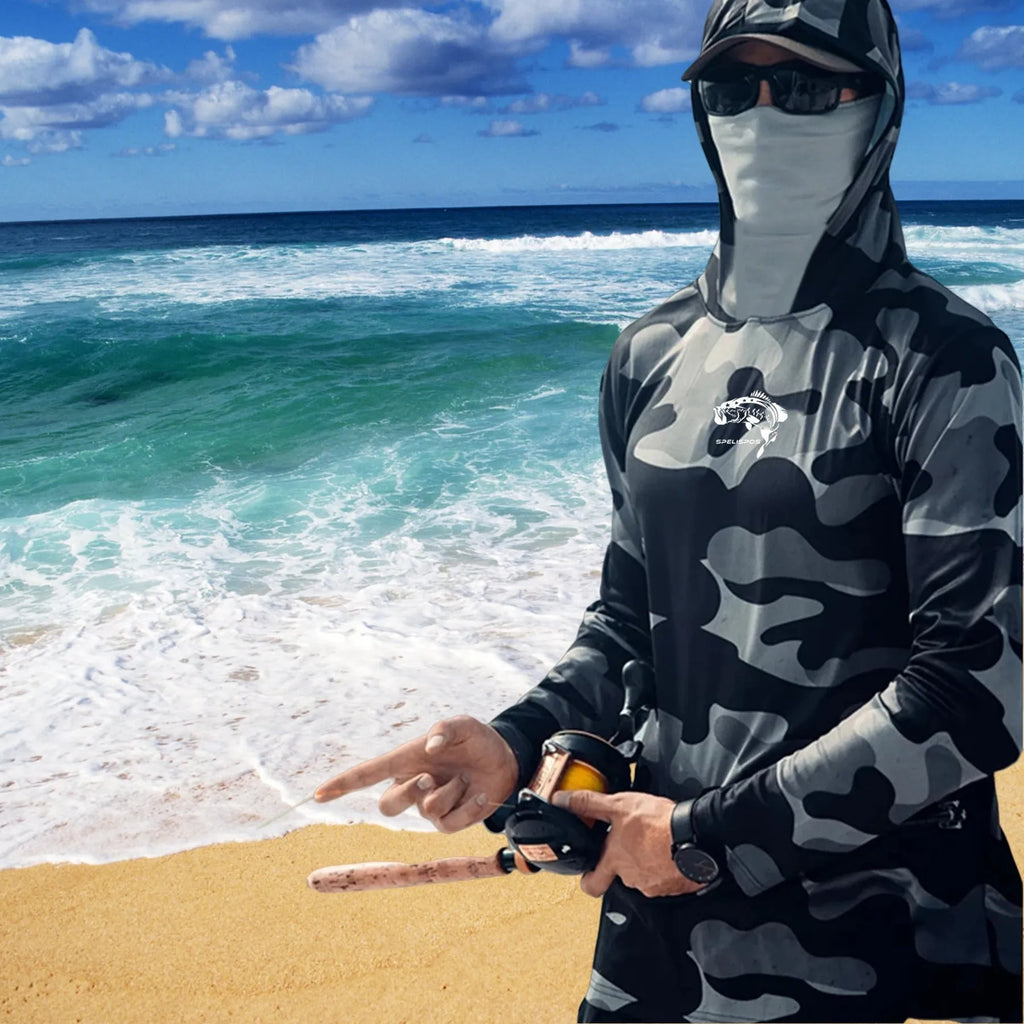 Huk long sleeve fishing hoodie shirt with mesh side panels and UPF 50+ protection.