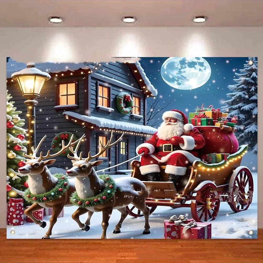 Red Christmas banner with Santa Claus and gift scene decoration