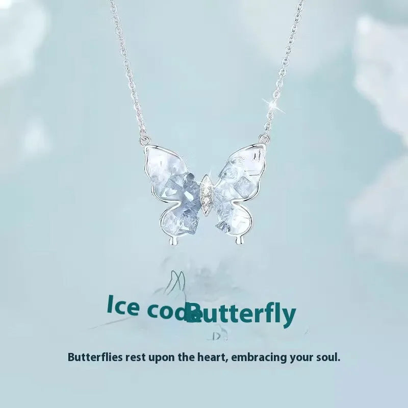 S925 silver butterfly necklace with electroplated ice rain pendant on adjustable O-ring chain