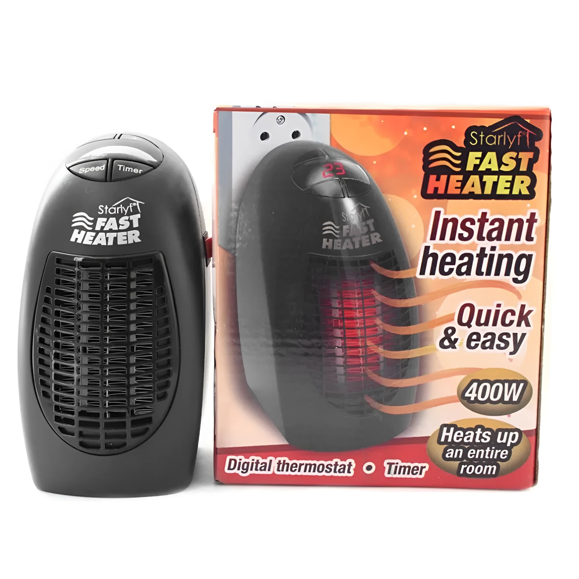 Black compact mini electric heater with digital display and a rotating three-prong plug